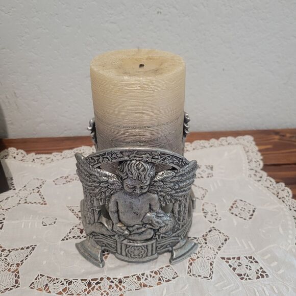Vtg Carson 1999 Pewter Candle Holder Cherub Angel Rabbit Bunny 5 x 4.5" Medieval - Picture 8 of 10